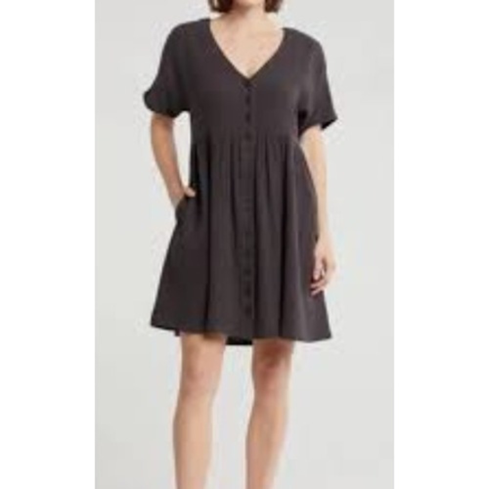 Madewell Mini Dress Sz L Charcoal Grey Lightspun Button Front Boho Summer Casual